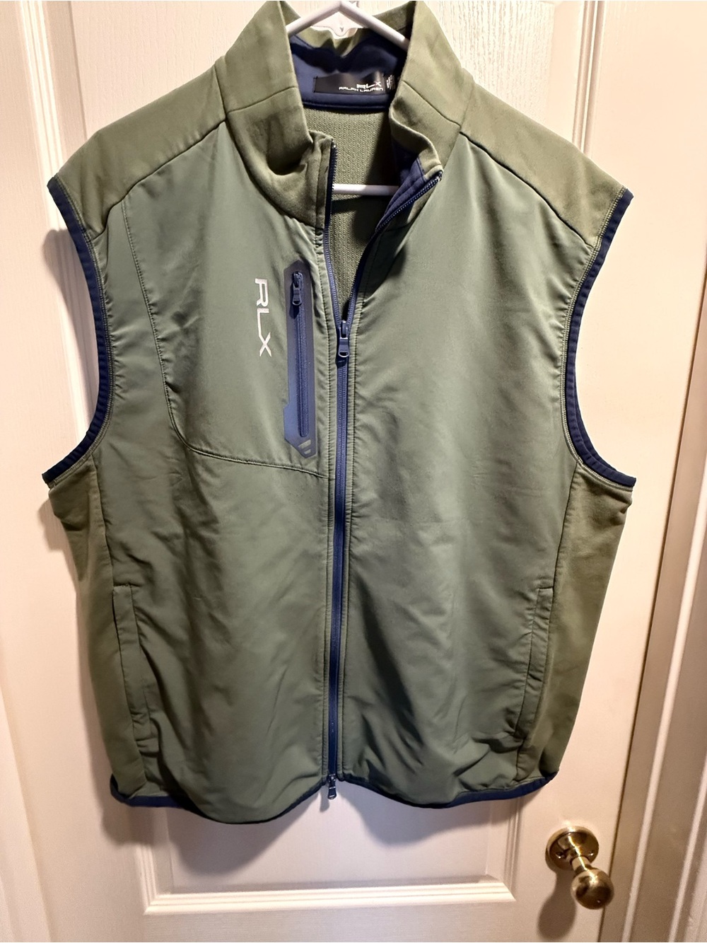 RLX Ralph Lauren Olive Green Softshell Vest with Navy Trim